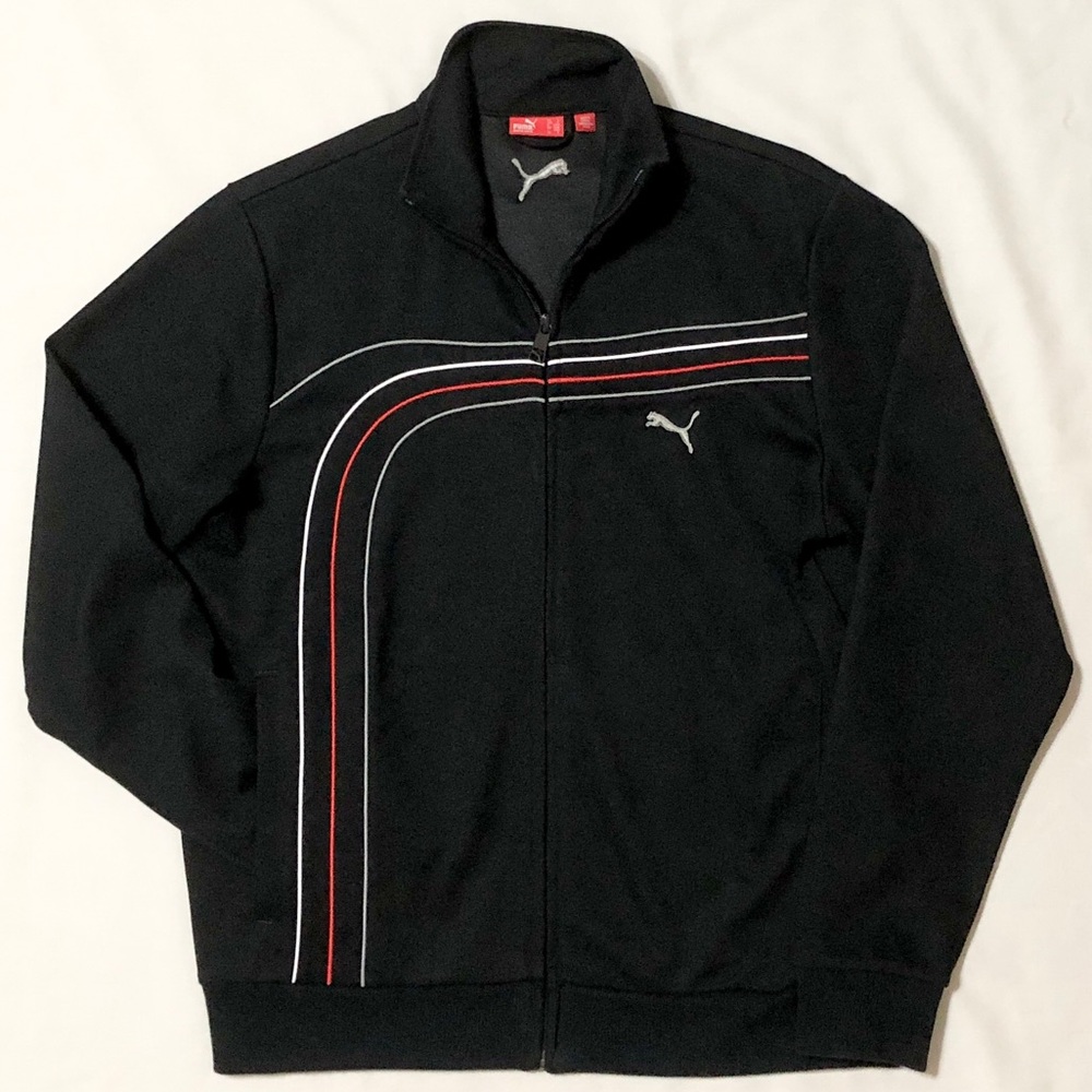 Puma Men’s Track Jacket, Black with Red White Gray Racing Stripes, Zip-Front - S